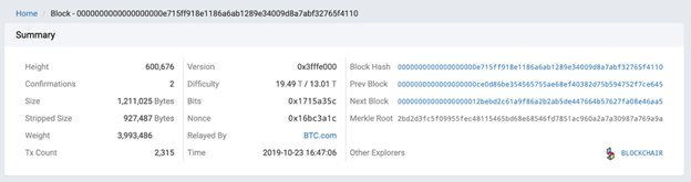 Information on a block in BTC blockexplorer.com