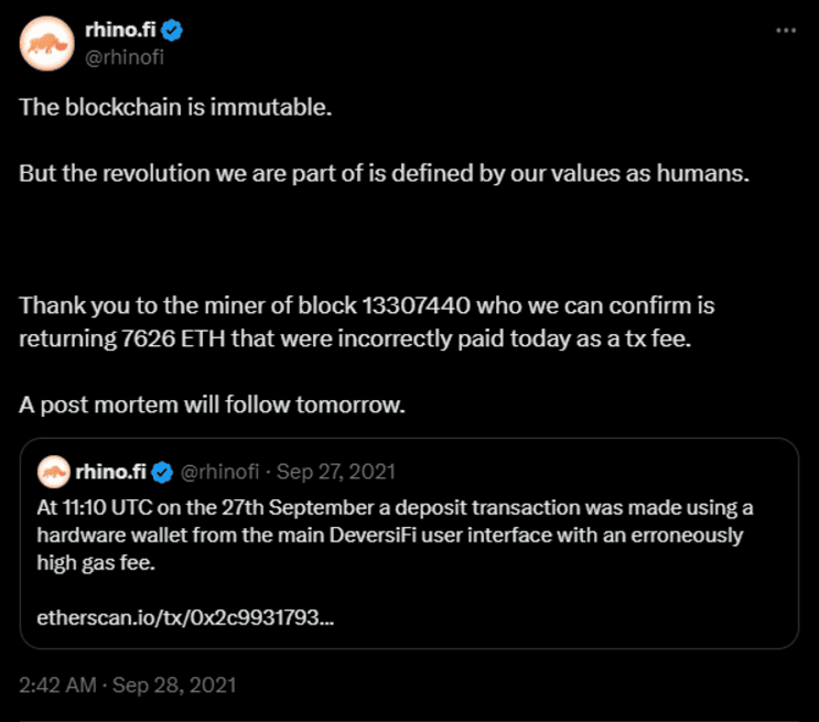 The miner who received the reward returned the entire amount